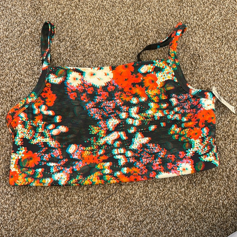 aerie Floral Scoop Sports Bra in Black, Orange, White